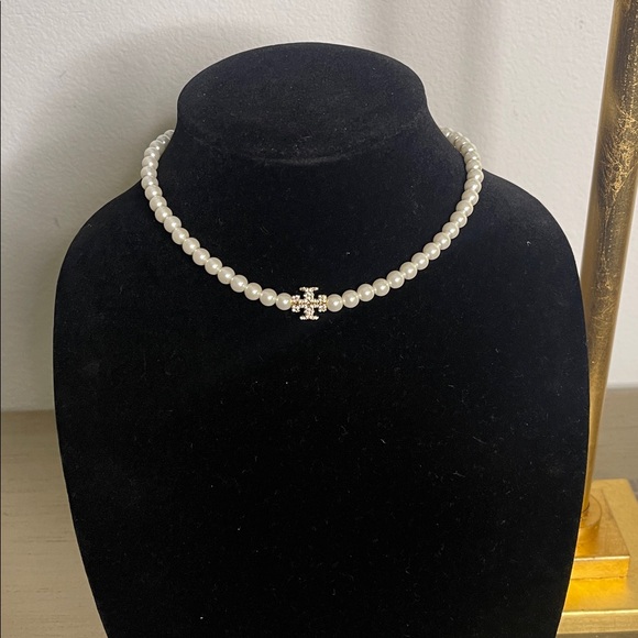 Tory Burch Elegant Pearl Necklace with Crystal Pave T. - Picture 2 of 5